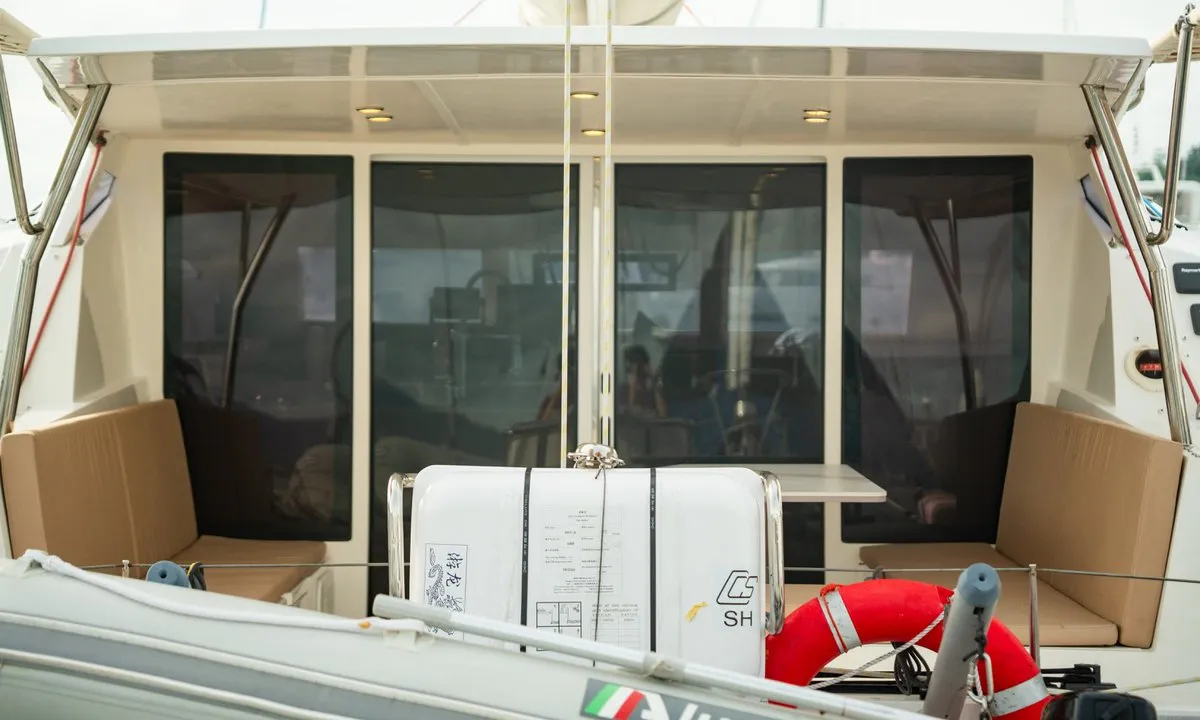 Deck of Andaman Discovery, a C – Catamarans C-Cat 37 catamaran at Mai Khao, Thailand
