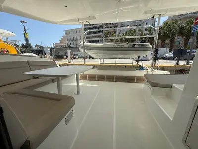 Deck of Tiamo IV, a Lagoon 42 catamaran at Lefkada, Greece