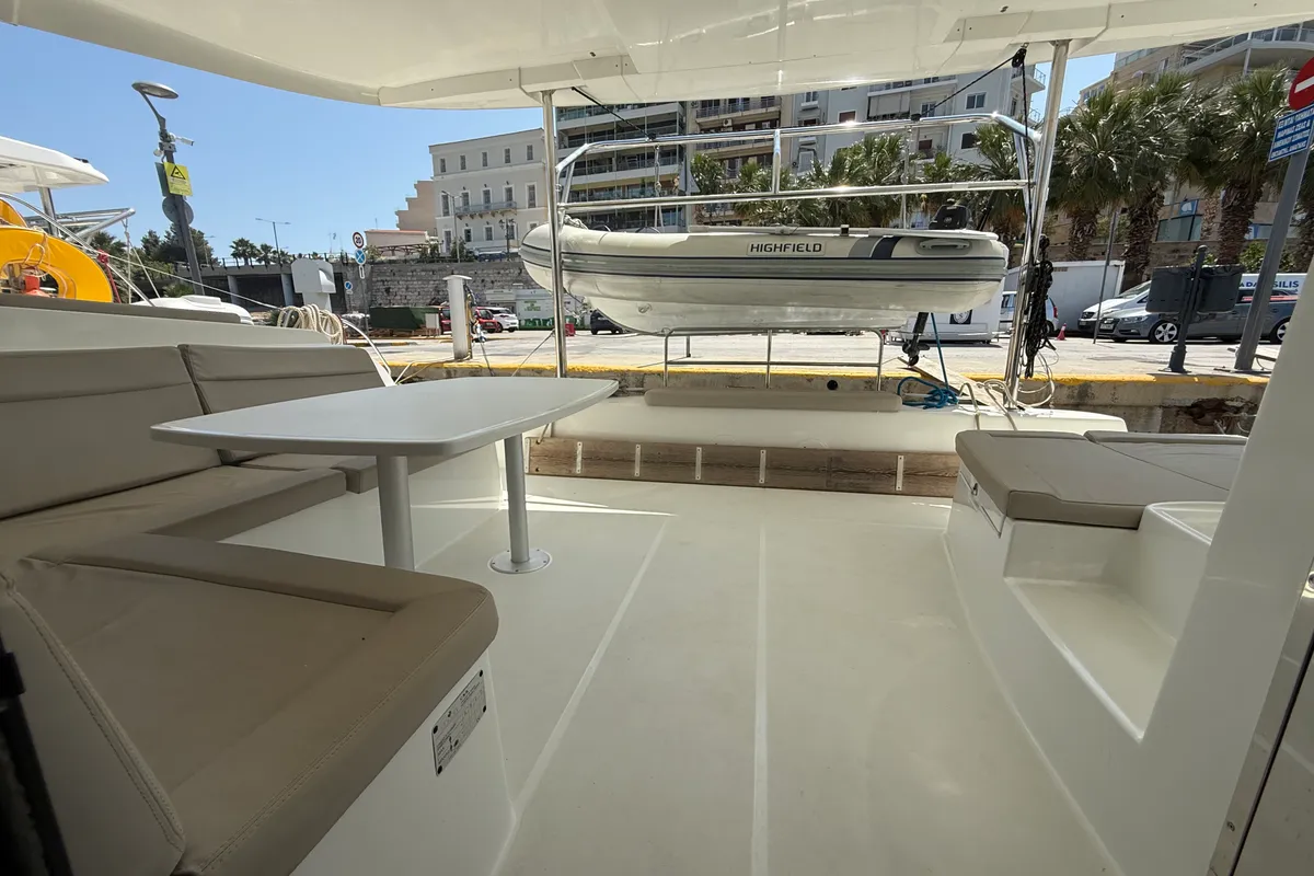 Deck of Tiamo IV, a Lagoon 42 catamaran at Lefkada, Greece
