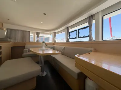 Salon of Tiamo IV, a Lagoon 42 catamaran at Lefkada, Greece
