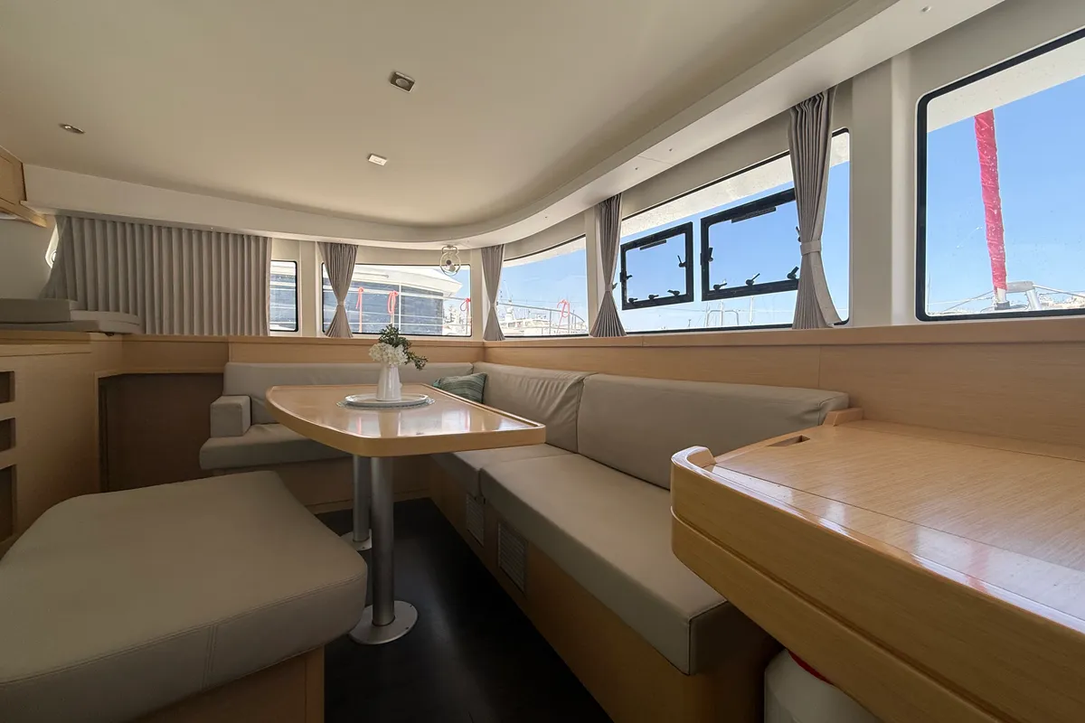 Salon of Tiamo IV, a Lagoon 42 catamaran at Lefkada, Greece