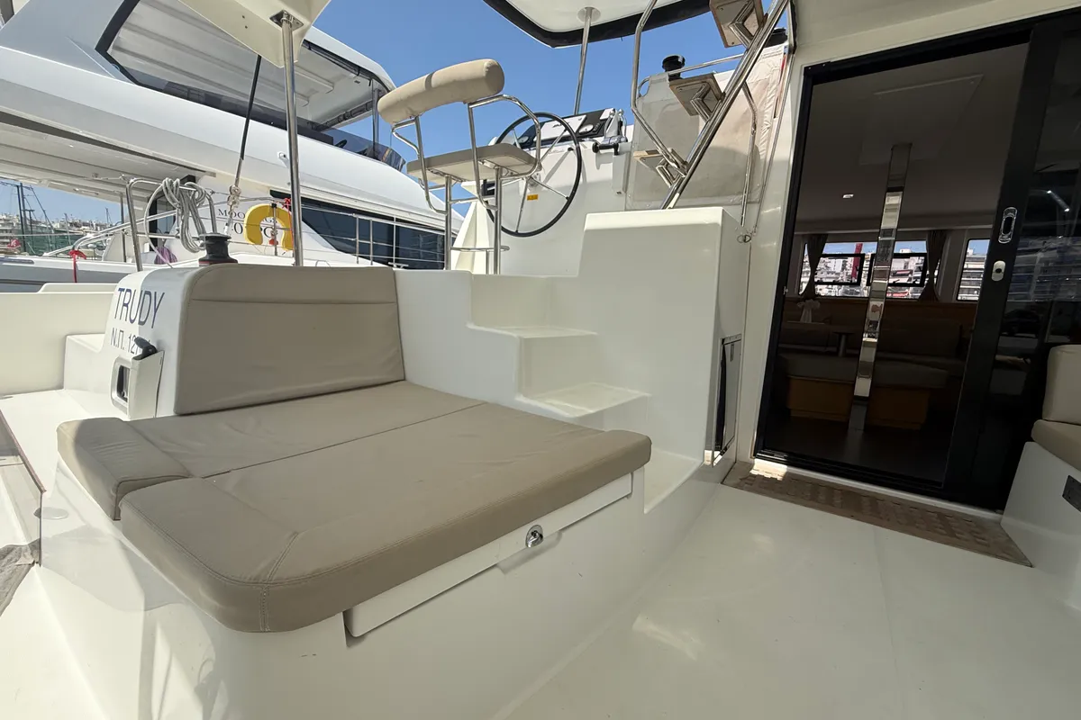 Deck of Tiamo IV, a Lagoon 42 catamaran at Lefkada, Greece