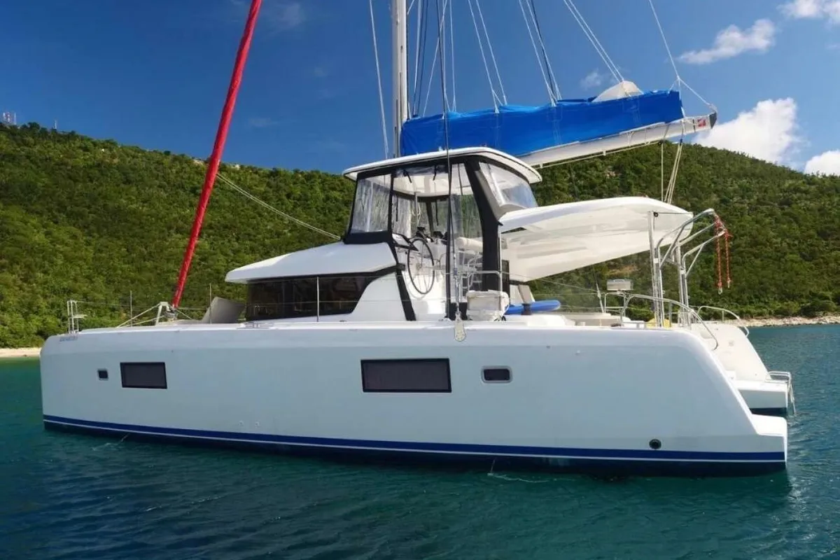 Exterior view of Tiamo IV, a Lagoon 42 catamaran at Lefkada, Greece