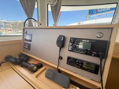 Cockpit of Tiamo IV, a Lagoon 42 catamaran at Lefkada, Greece