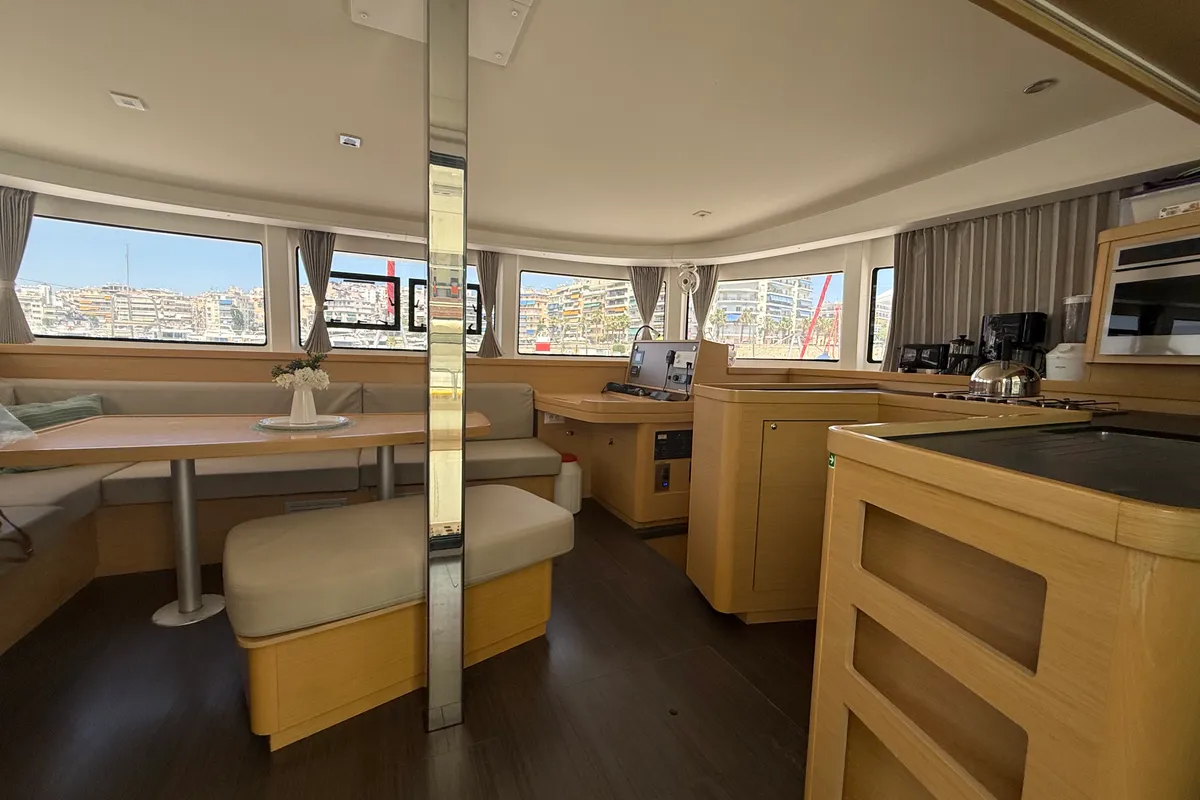 Salon of Tiamo IV, a Lagoon 42 catamaran at Lefkada, Greece