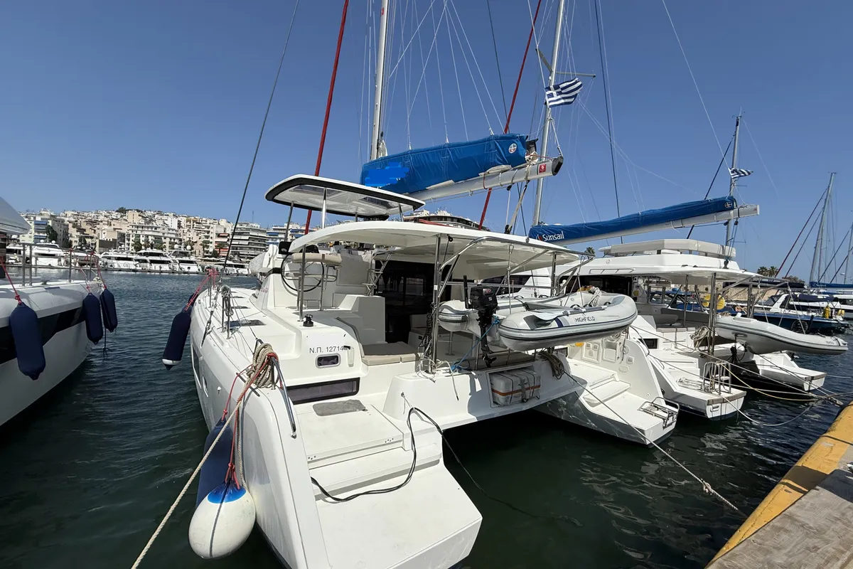 Exterior view of Tiamo IV, a Lagoon 42 catamaran at Lefkada, Greece