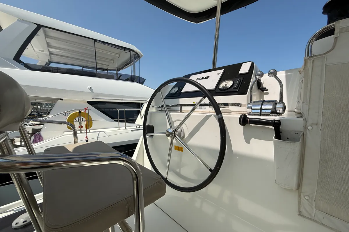 Cockpit of Tiamo IV, a Lagoon 42 catamaran at Lefkada, Greece