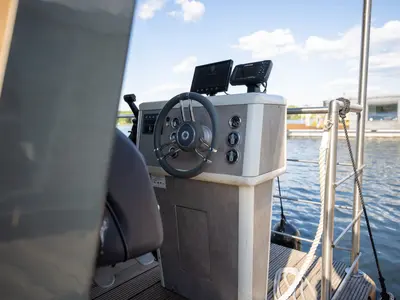 Cockpit of Brino, a Woma D13 motorboat at Fürstenberg, Germany