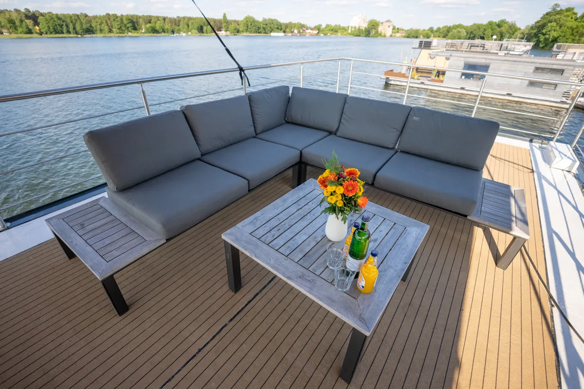 Deck of Brino, a Woma D13 motorboat at Fürstenberg, Germany
