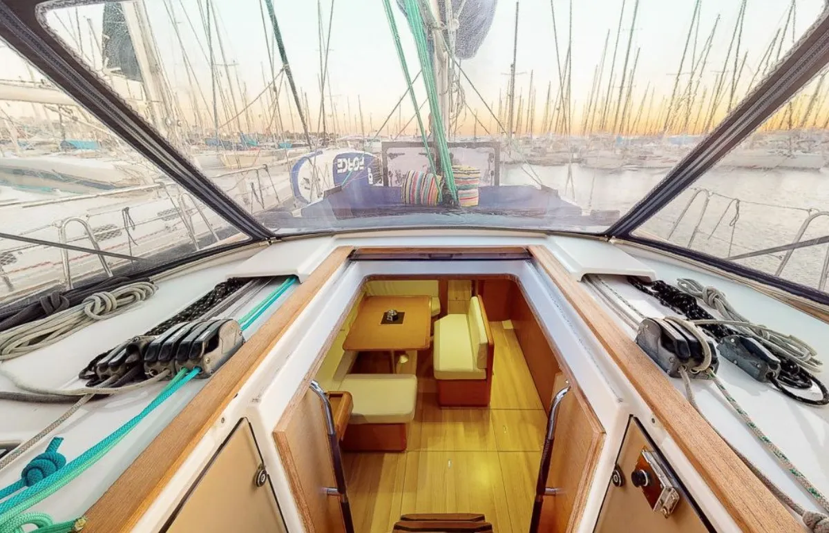 Deck of Haidi, a Jeanneau Sun Odyssey 469 sailboat at Athens, Greece