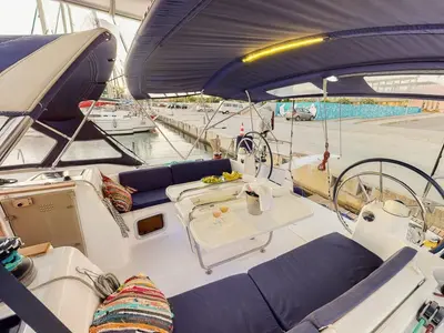 Cockpit of Haidi, a Jeanneau Sun Odyssey 469 sailboat at Athens, Greece