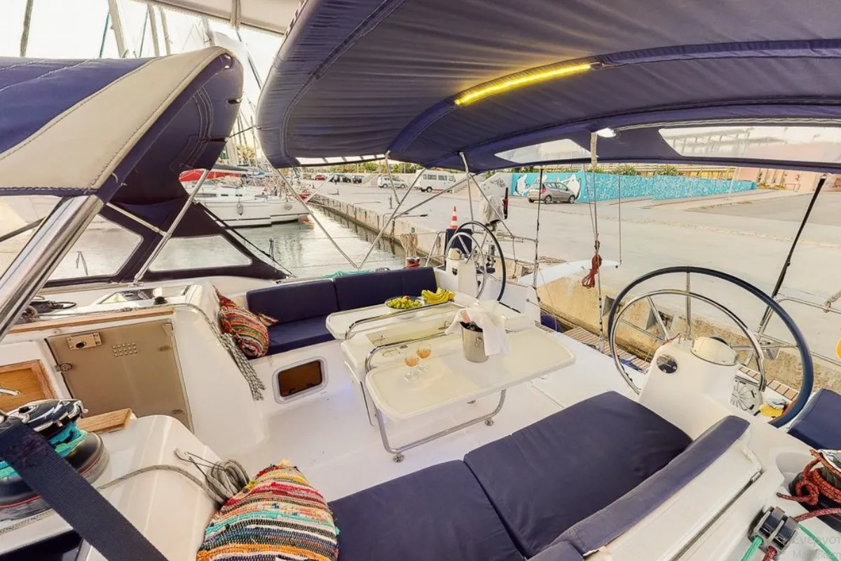 Cockpit of Haidi, a Jeanneau Sun Odyssey 469 sailboat at Athens, Greece