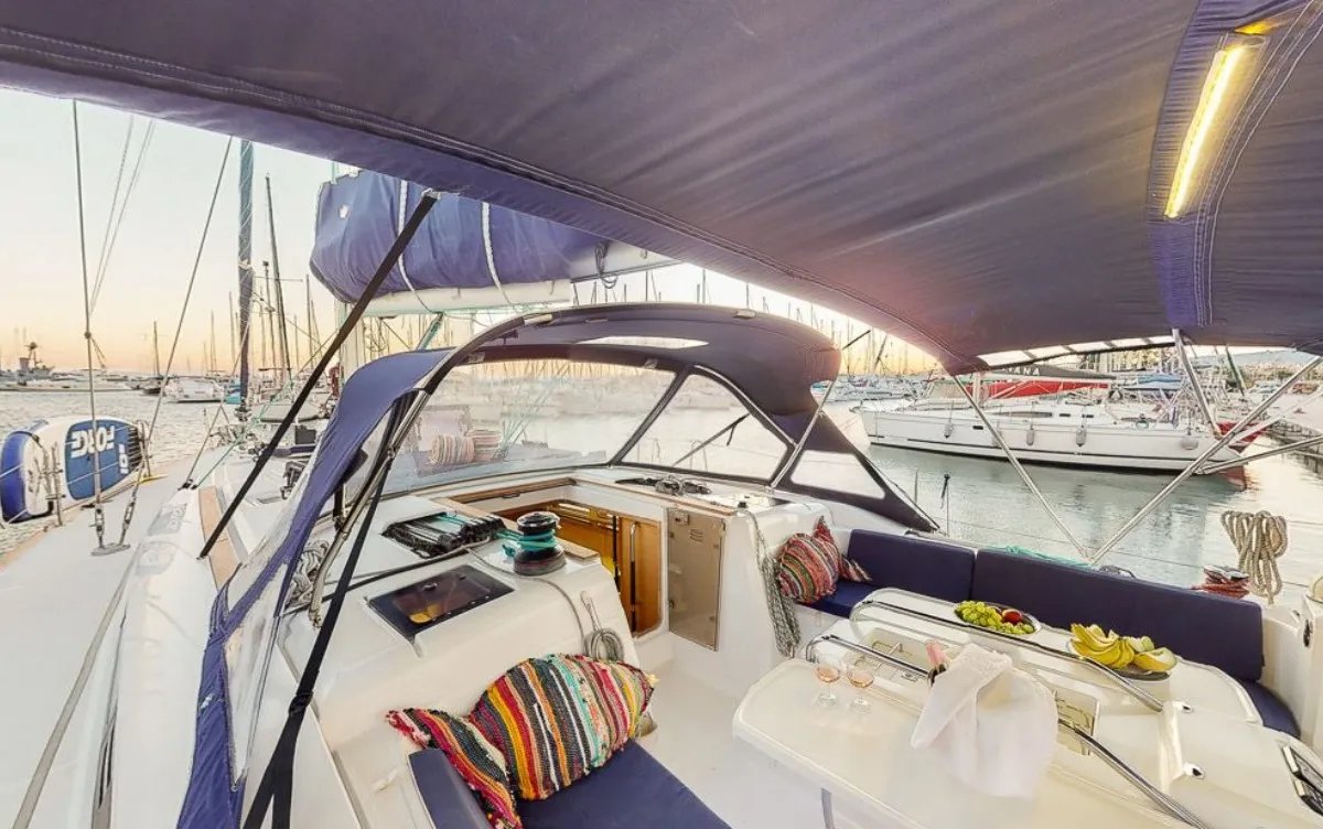 Cockpit of Haidi, a Jeanneau Sun Odyssey 469 sailboat at Athens, Greece