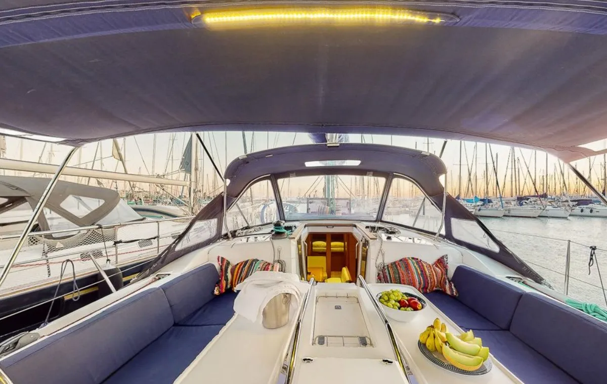 Cockpit of Haidi, a Jeanneau Sun Odyssey 469 sailboat at Athens, Greece