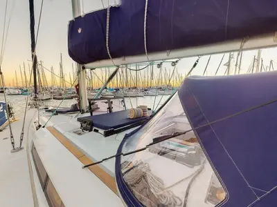 Deck of Haidi, a Jeanneau Sun Odyssey 469 sailboat at Athens, Greece