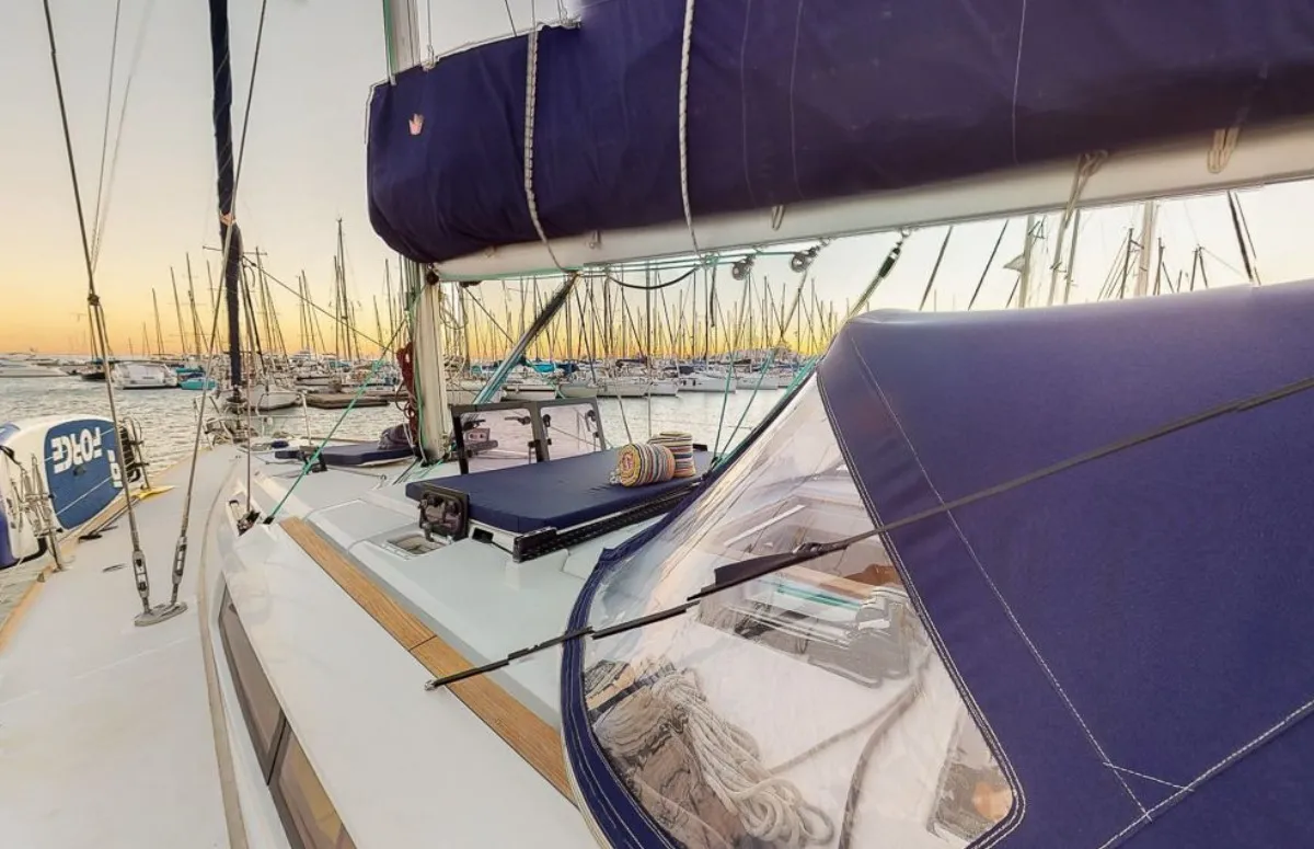 Deck of Haidi, a Jeanneau Sun Odyssey 469 sailboat at Athens, Greece