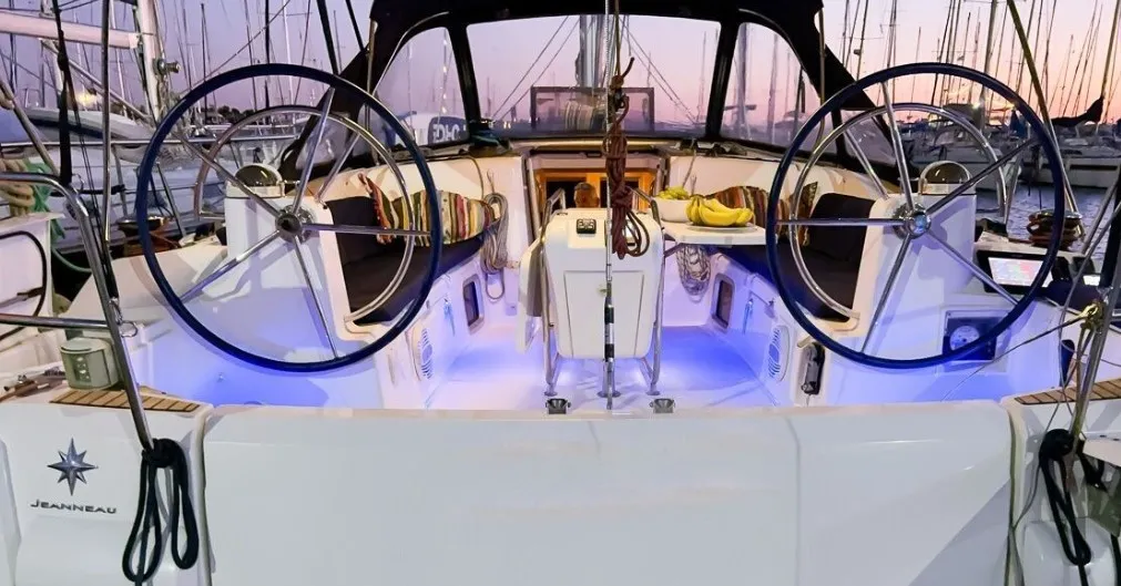 Cockpit of Haidi, a Jeanneau Sun Odyssey 469 sailboat at Athens, Greece