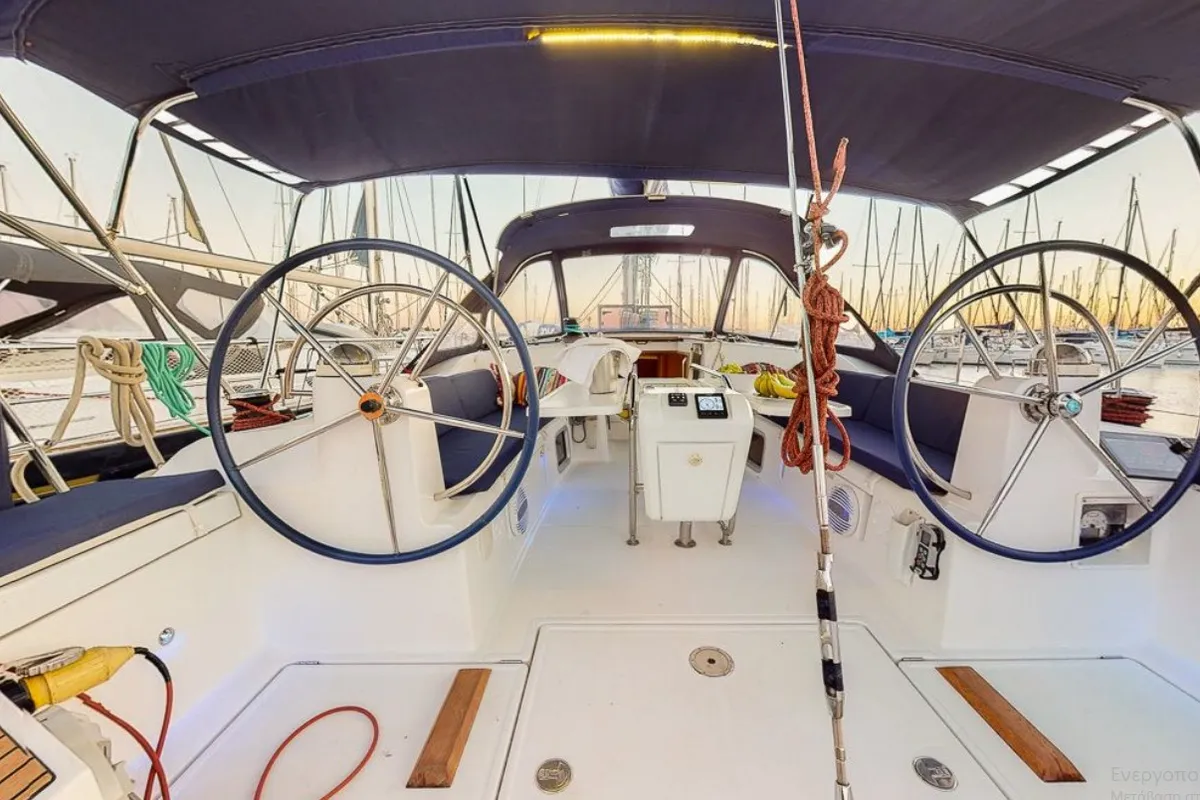 Cockpit of Haidi, a Jeanneau Sun Odyssey 469 sailboat at Athens, Greece
