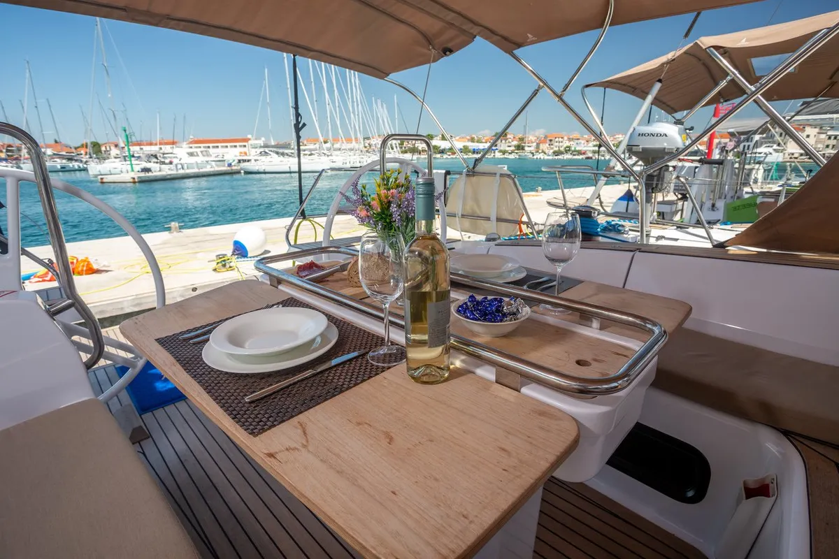 Deck of Jasmin, a Elan Impression 45 sailboat at Split, Croatia