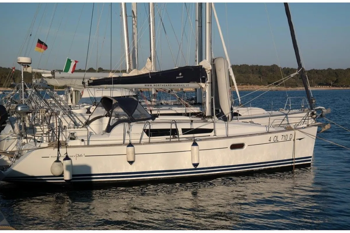 Exterior view of Lyra, a Jeanneau Sun Odyssey 36i sailboat at Olbia, Italy