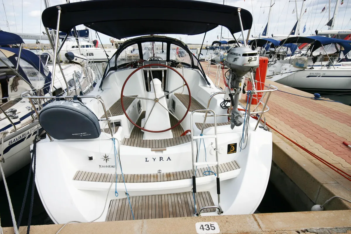 Cockpit of Lyra, a Jeanneau Sun Odyssey 36i sailboat at Olbia, Italy