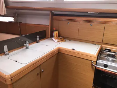 Galley of Lyra, a Jeanneau Sun Odyssey 36i sailboat at Olbia, Italy