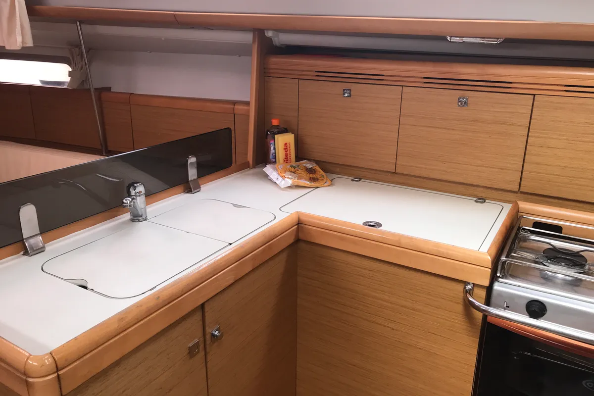 Galley of Lyra, a Jeanneau Sun Odyssey 36i sailboat at Olbia, Italy