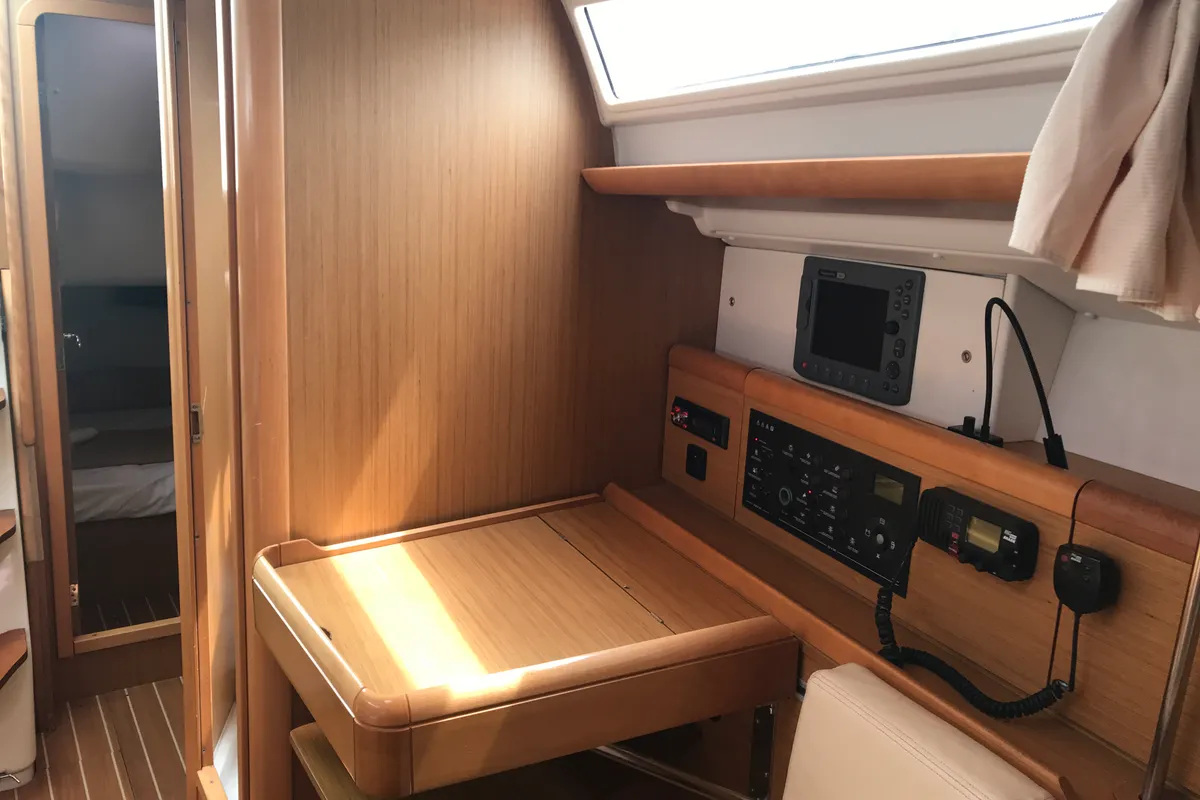 Salon of Lyra, a Jeanneau Sun Odyssey 36i sailboat at Olbia, Italy