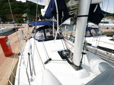 Deck of Lyra, a Jeanneau Sun Odyssey 36i sailboat at Olbia, Italy