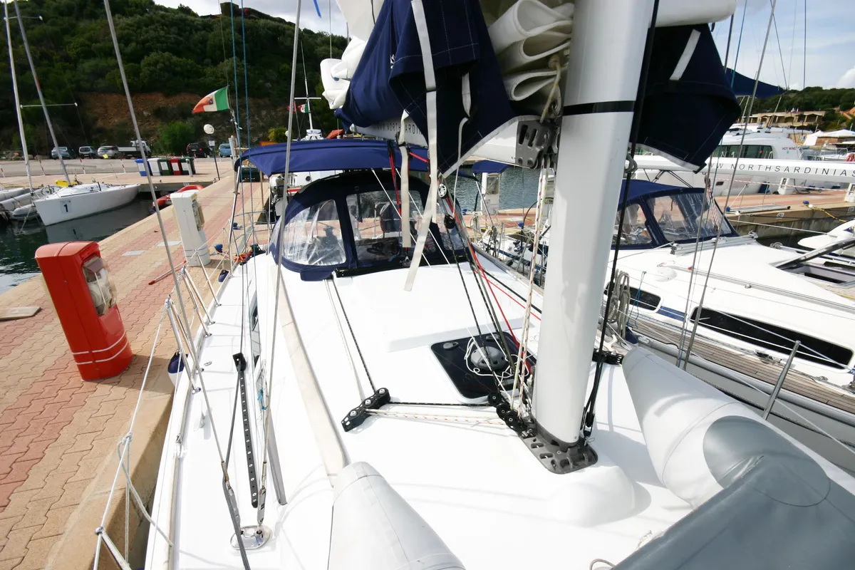 Deck of Lyra, a Jeanneau Sun Odyssey 36i sailboat at Olbia, Italy