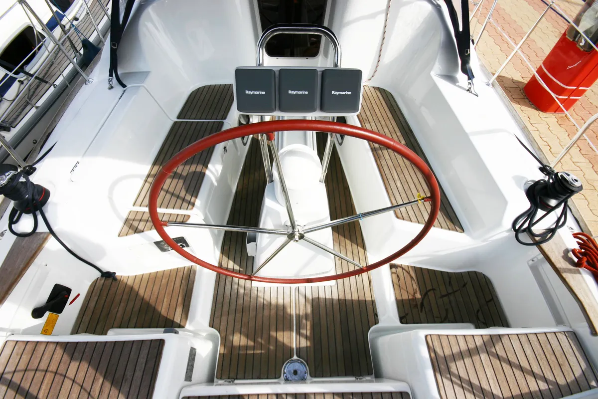 Cockpit of Lyra, a Jeanneau Sun Odyssey 36i sailboat at Olbia, Italy