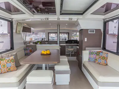 Salon of Talitha, a Bali 4.1 catamaran at Palermo, Italy
