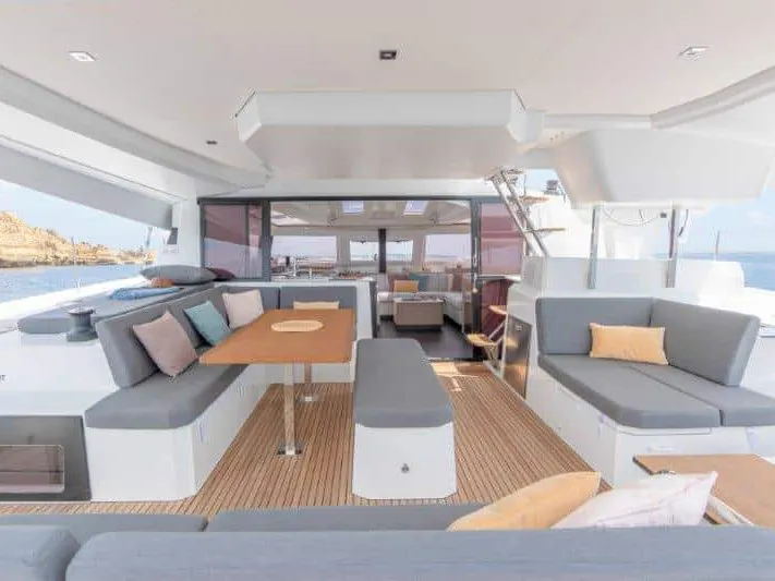 Deck of Clipper IV, a Fountaine Pajot Elba 45 catamaran at es Jonquet, Spain