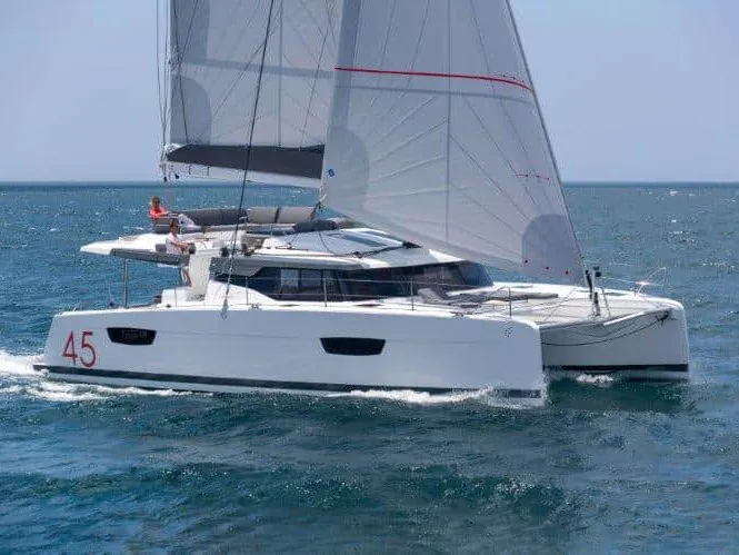 Exterior view of Clipper IV, a Fountaine Pajot Elba 45 catamaran at es Jonquet, Spain