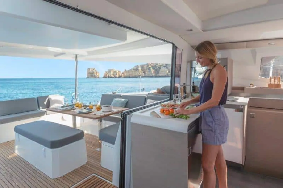 Deck of Clipper IV, a Fountaine Pajot Elba 45 catamaran at es Jonquet, Spain