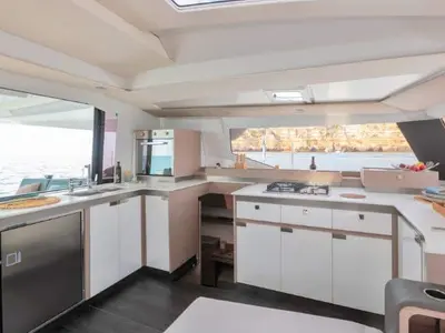 Galley of Clipper IV, a Fountaine Pajot Elba 45 catamaran at es Jonquet, Spain