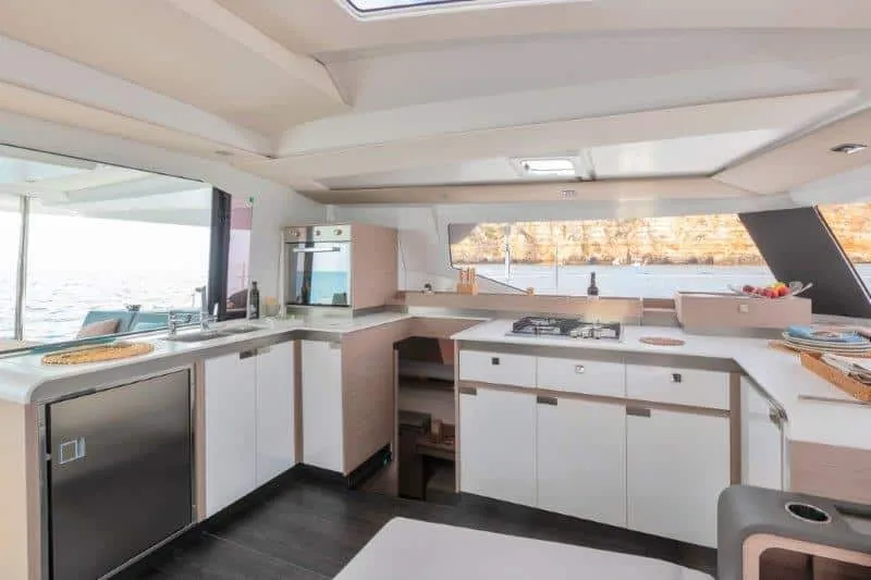Galley of Clipper IV, a Fountaine Pajot Elba 45 catamaran at es Jonquet, Spain