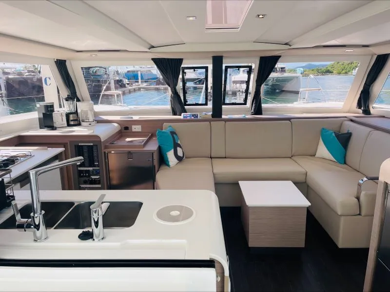 Salon of Firefly, a Fountaine Pajot Isla 40 catamaran at Road Town, British Virgin Islands