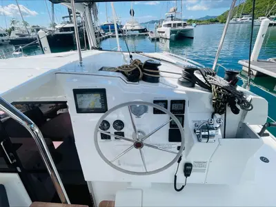 Cockpit of Firefly, a Fountaine Pajot Isla 40 catamaran at Road Town, British Virgin Islands