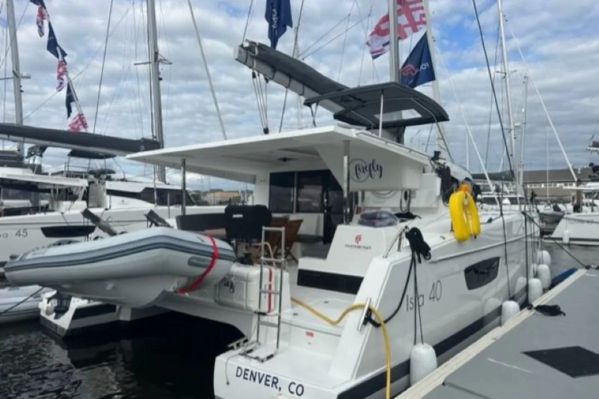 Exterior view of Firefly, a Fountaine Pajot Isla 40 catamaran at Road Town, British Virgin Islands