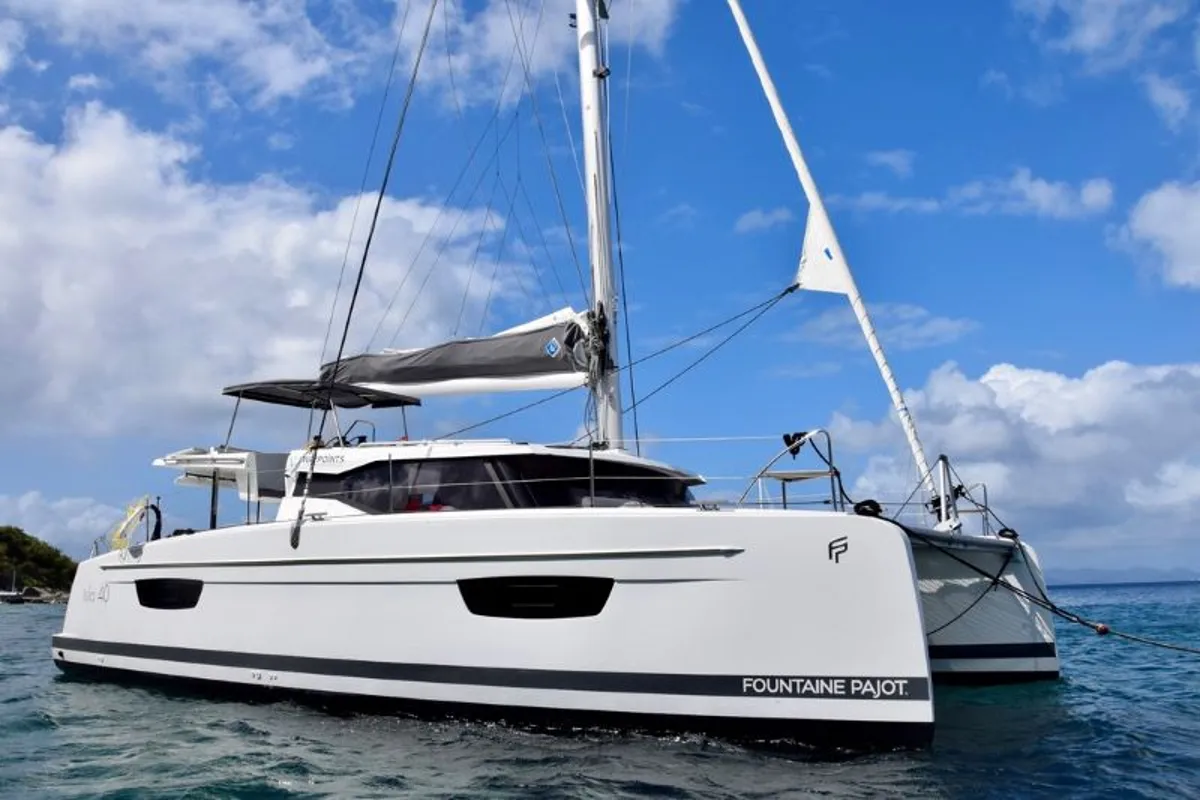 Exterior view of Firefly, a Fountaine Pajot Isla 40 catamaran at Road Town, British Virgin Islands