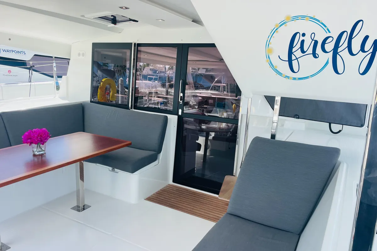 Deck of Firefly, a Fountaine Pajot Isla 40 catamaran at Road Town, British Virgin Islands