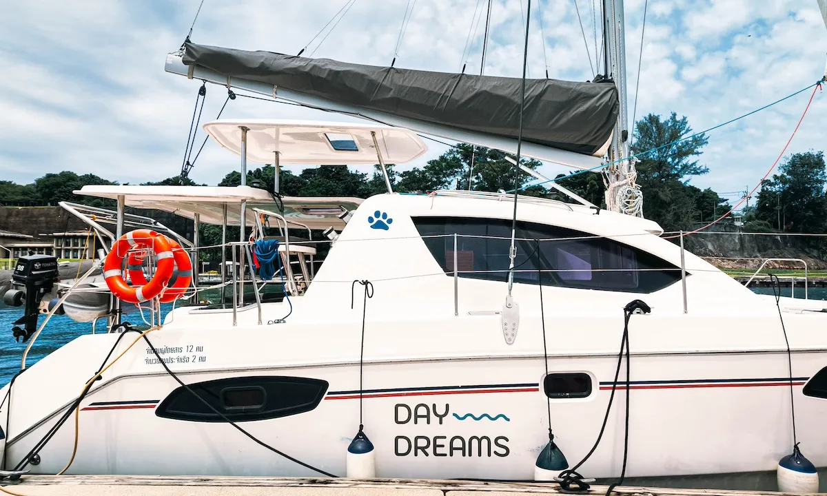 Exterior view of Moana, a Leopard 39 catamaran at Mai Khao, Thailand