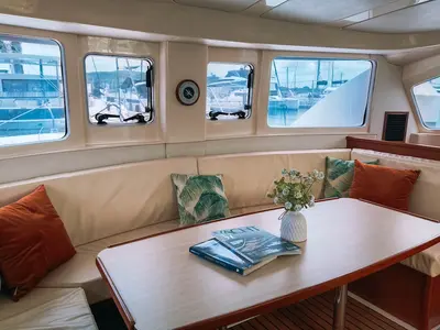 Salon of Moana, a Leopard 39 catamaran at Mai Khao, Thailand