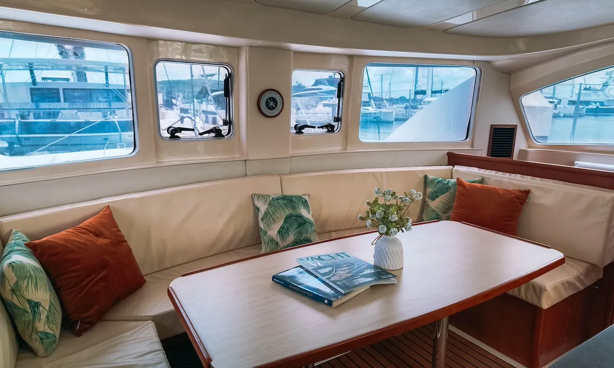 Salon of Moana, a Leopard 39 catamaran at Mai Khao, Thailand