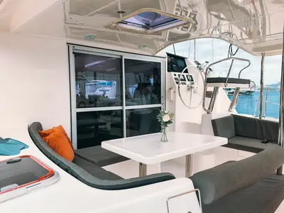 Cockpit of Moana, a Leopard 39 catamaran at Mai Khao, Thailand