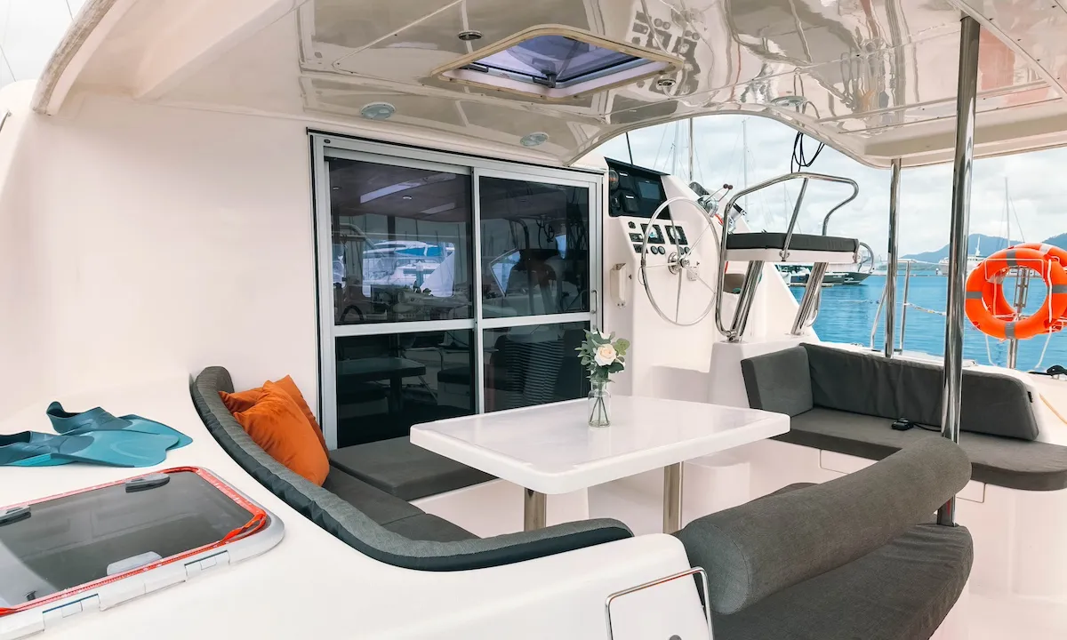 Cockpit of Moana, a Leopard 39 catamaran at Mai Khao, Thailand