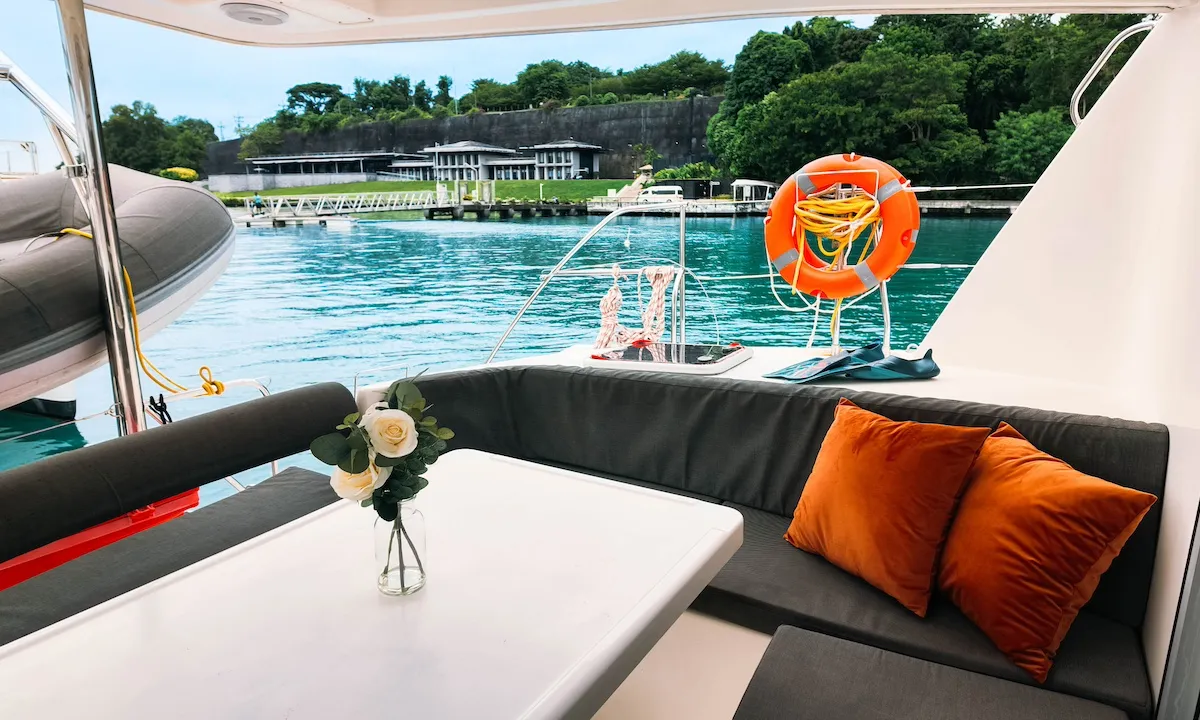 Deck of Moana, a Leopard 39 catamaran at Mai Khao, Thailand