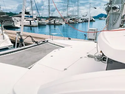 Deck of Moana, a Leopard 39 catamaran at Mai Khao, Thailand