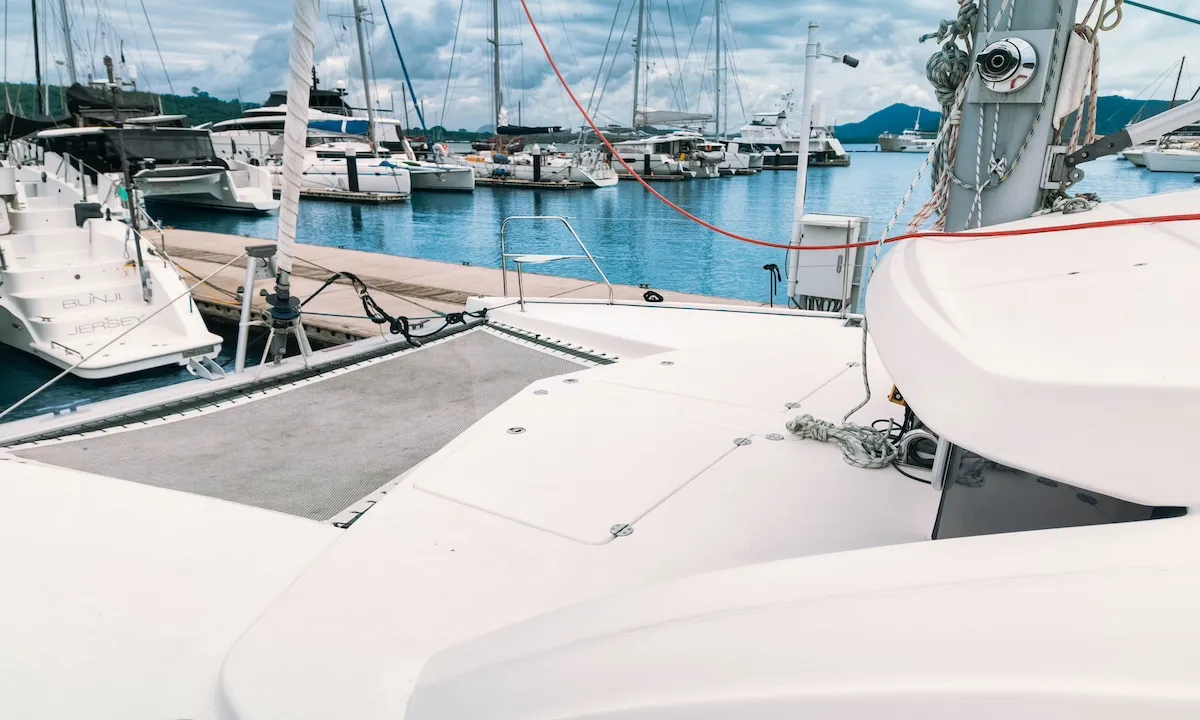 Deck of Moana, a Leopard 39 catamaran at Mai Khao, Thailand